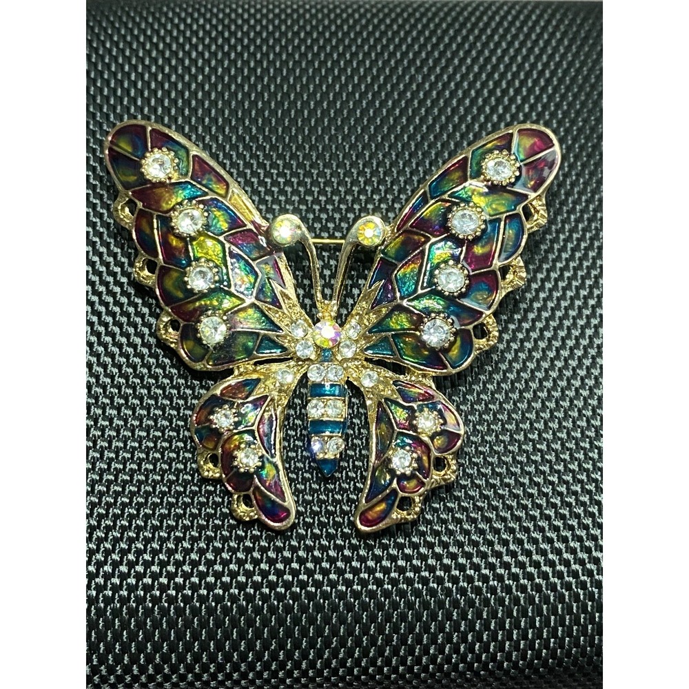 Multicoloured Green/Purple Enamel Clear Crystal Butterfly Brooch Gold Tone Metal